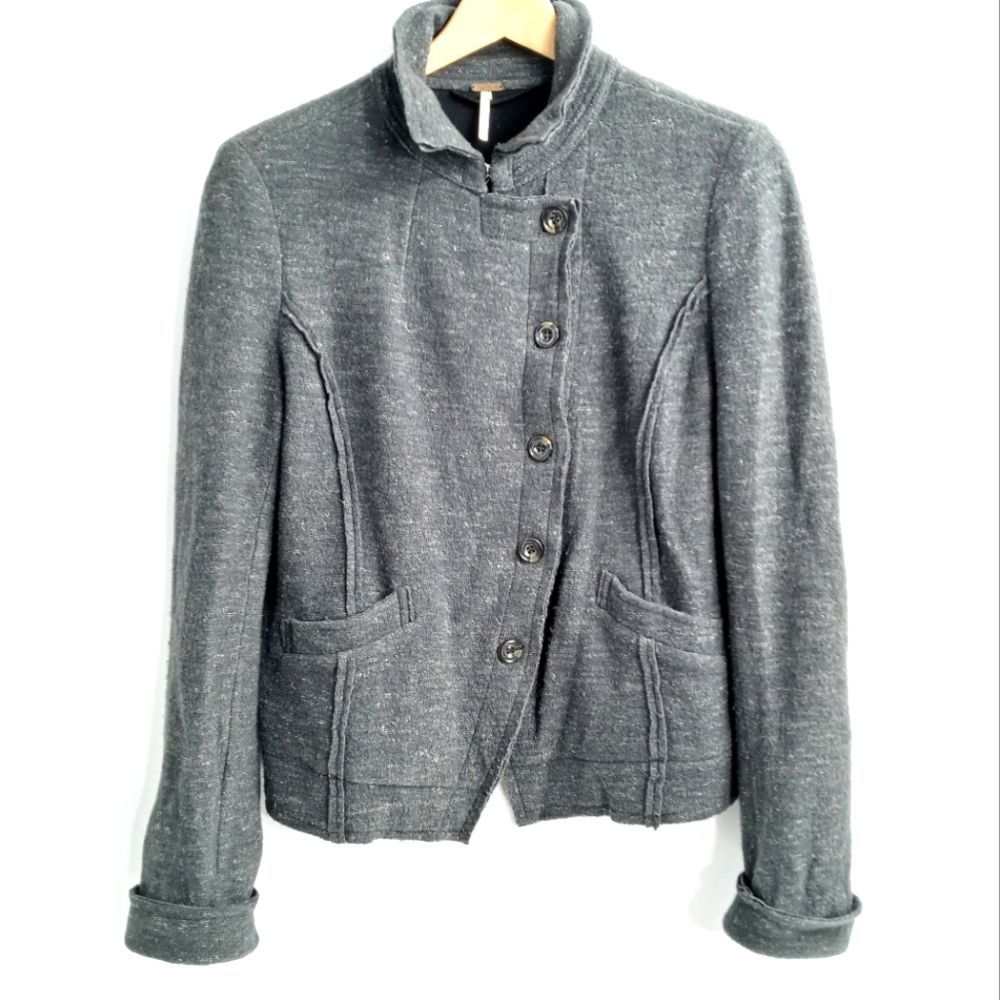 Free People Military Jacket Gray Wool Linen Blend Button Front